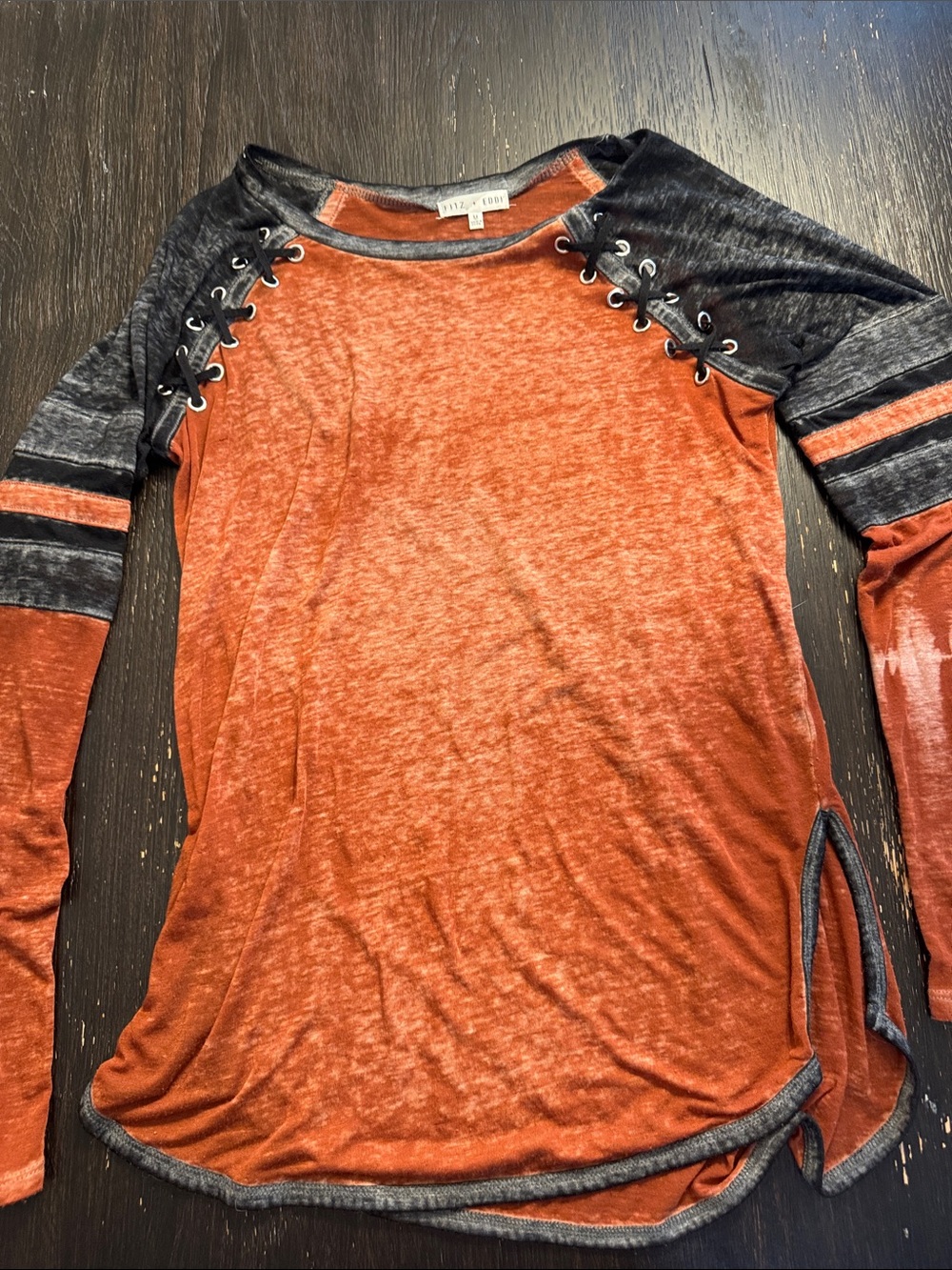 Pilcro Burnt Orange & Charcoal Lace-Up Long Sleeve Tee
